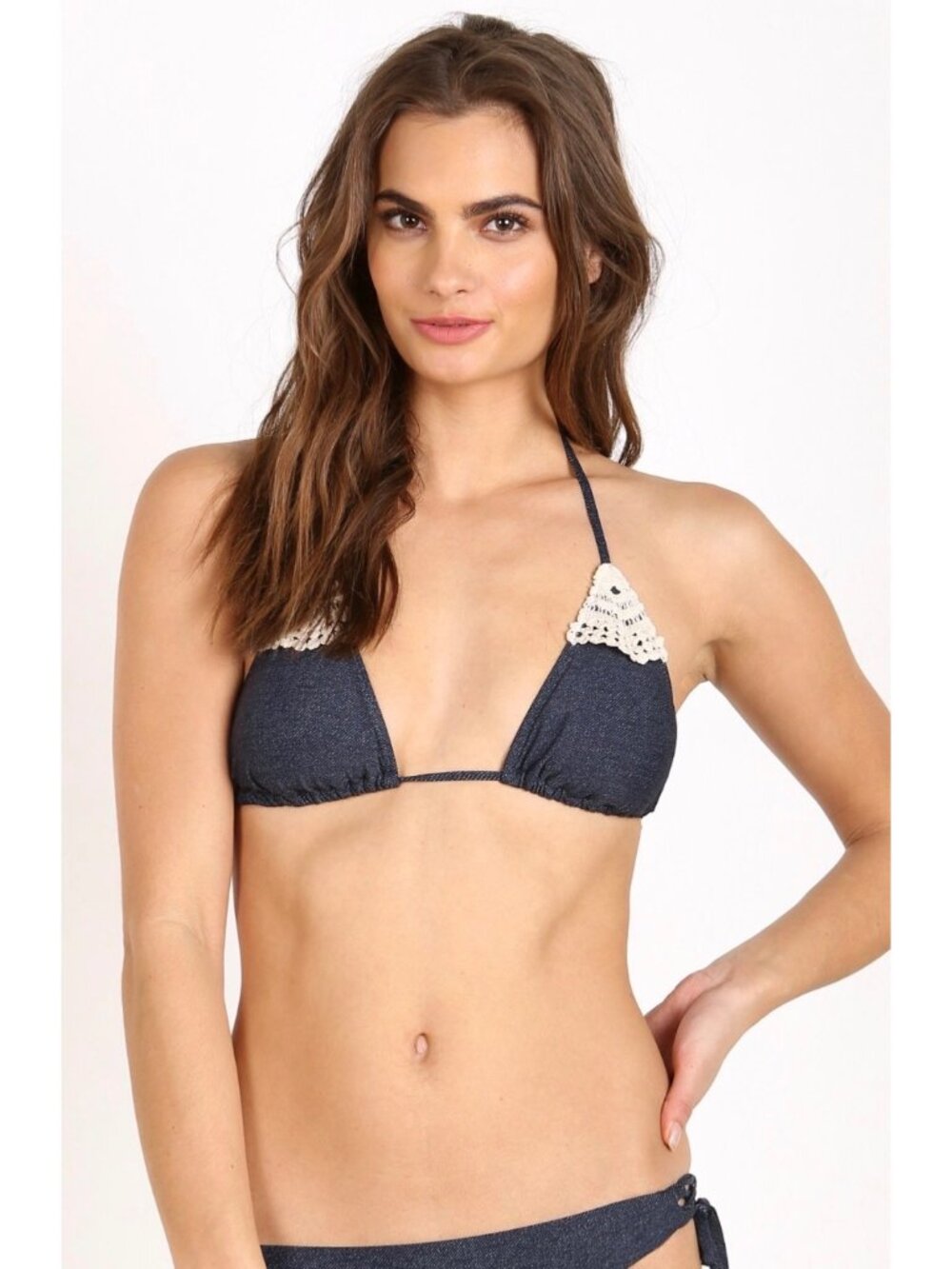 L*Space Denim Look Crochet Lace Bikini Set Triangle Top Full Cut Bottom Small